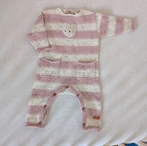 SOURIS-MINI - 3M-6M- Striped Knit Baby One-Piece Romper in Pink and Cream